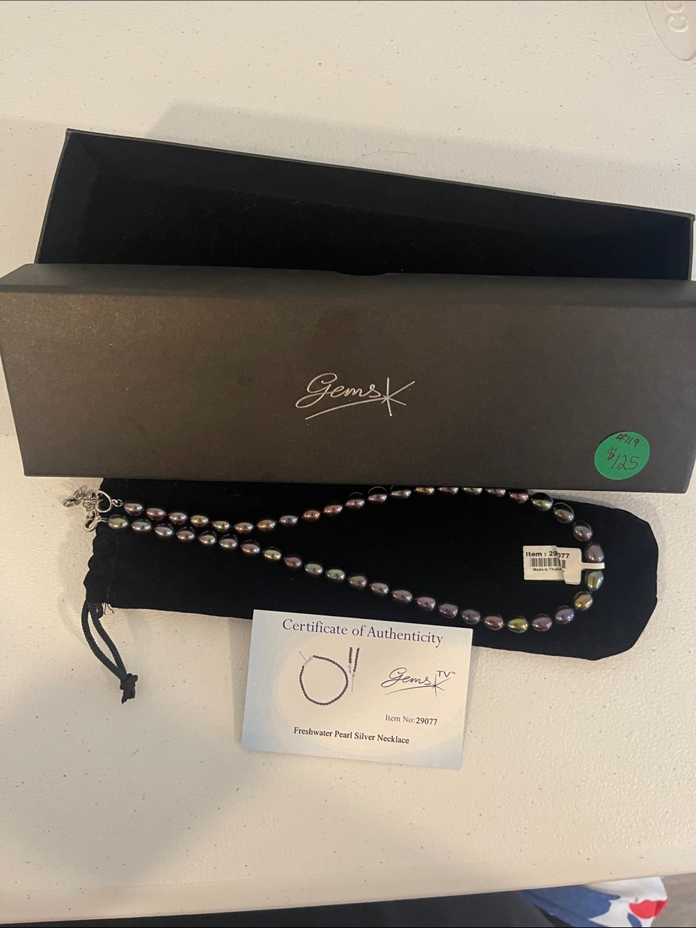 Gems Iridescent Black Freshwater Pearl Necklace with Silver Clasp